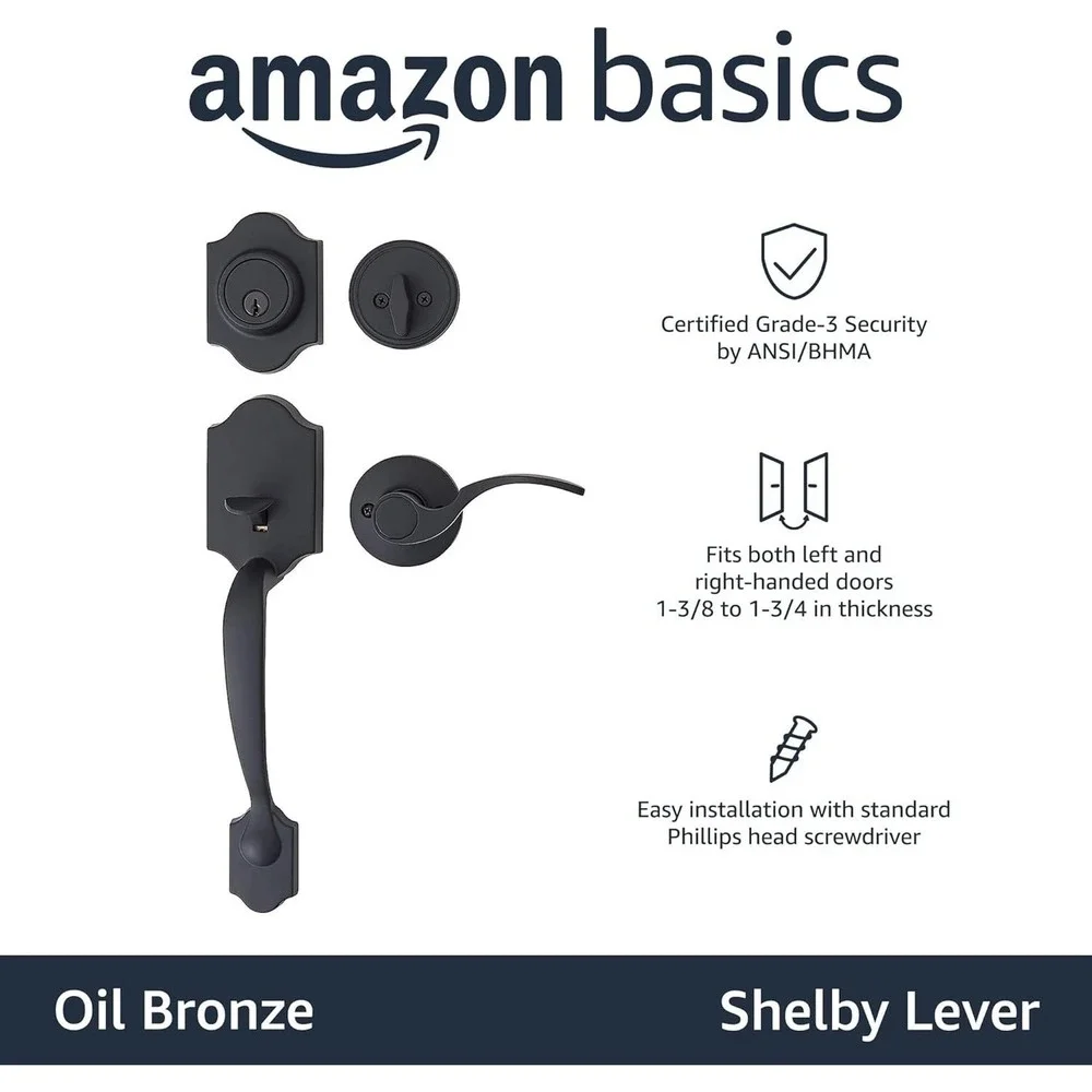Amazon Basics Front Door Lock Set Handleset with Shelby Lever Single Cylinder‎